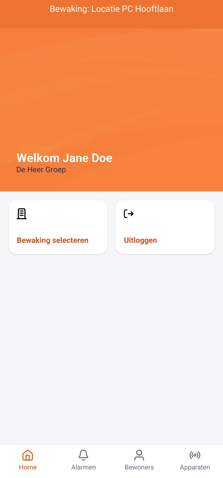 Daza Connect-app: homescherm met de knop Bewaking selecteren en de tabs Alarmen, Bewoners en Apparaten